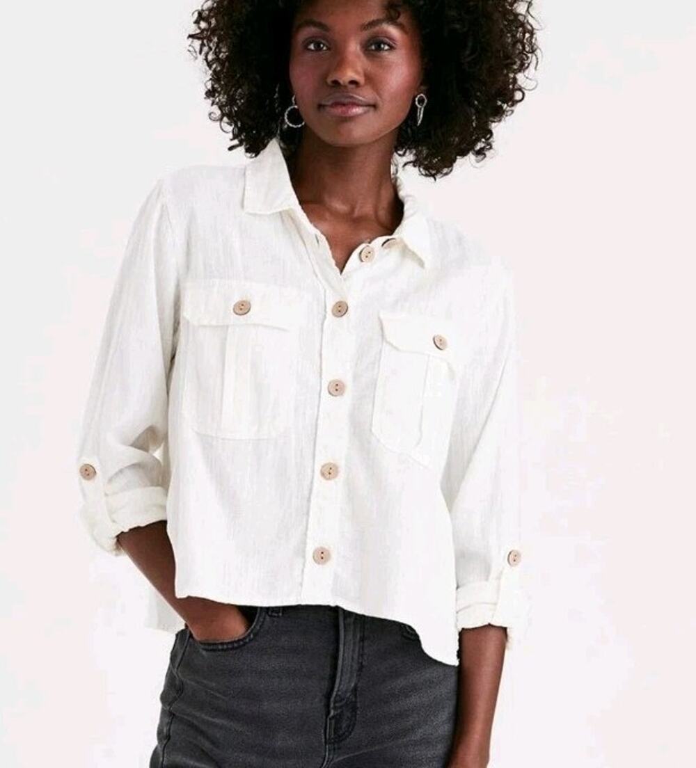 American Eagle Outfitters Linen Summer Jacket M Flap Pockets Roll Tab Sleeves